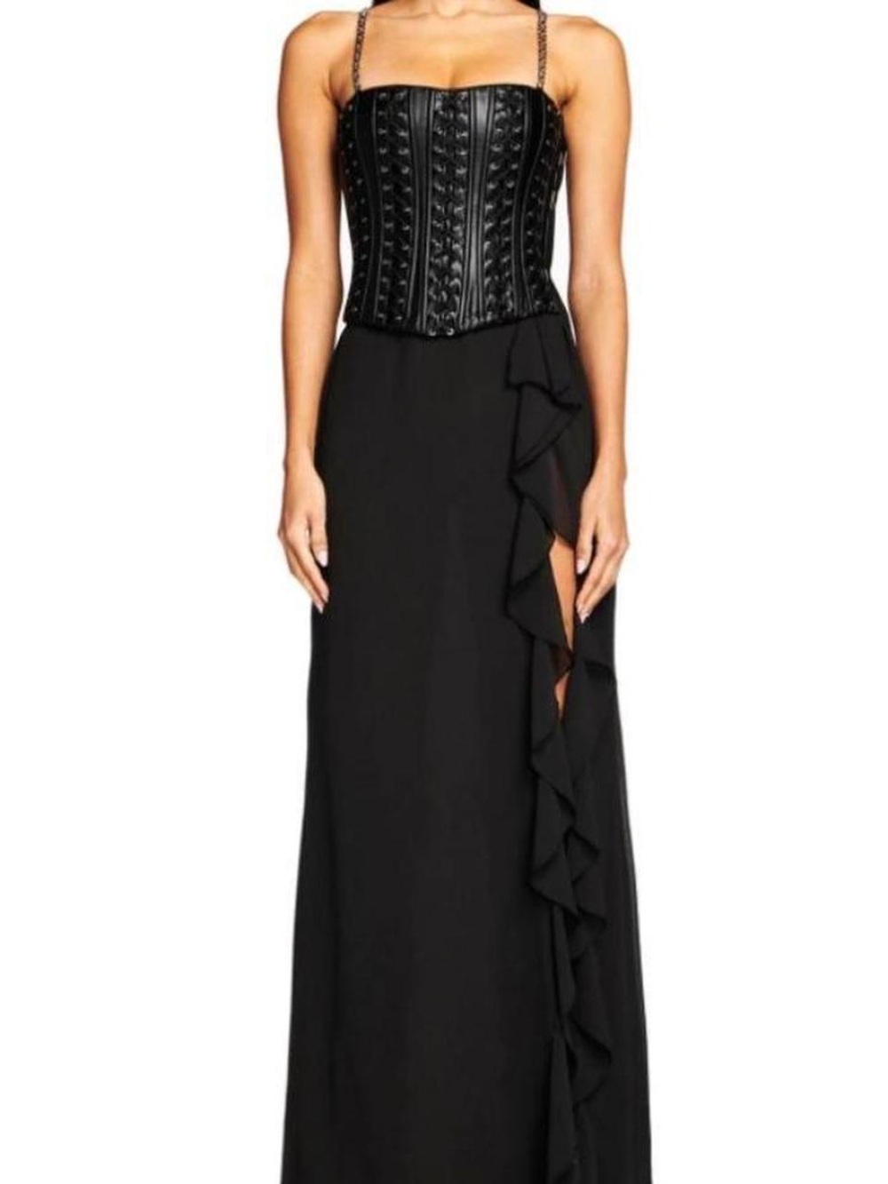 Black Strapless Corset Gown with Ruffle Slit